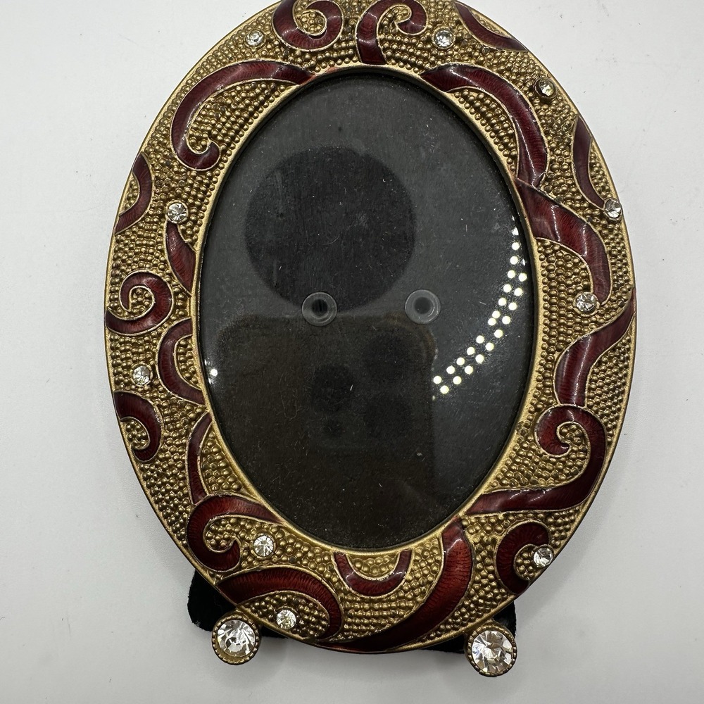 Small Vintage Dark Red Enamel Gold Tone Metal Rhinestone Oval Picture Frame